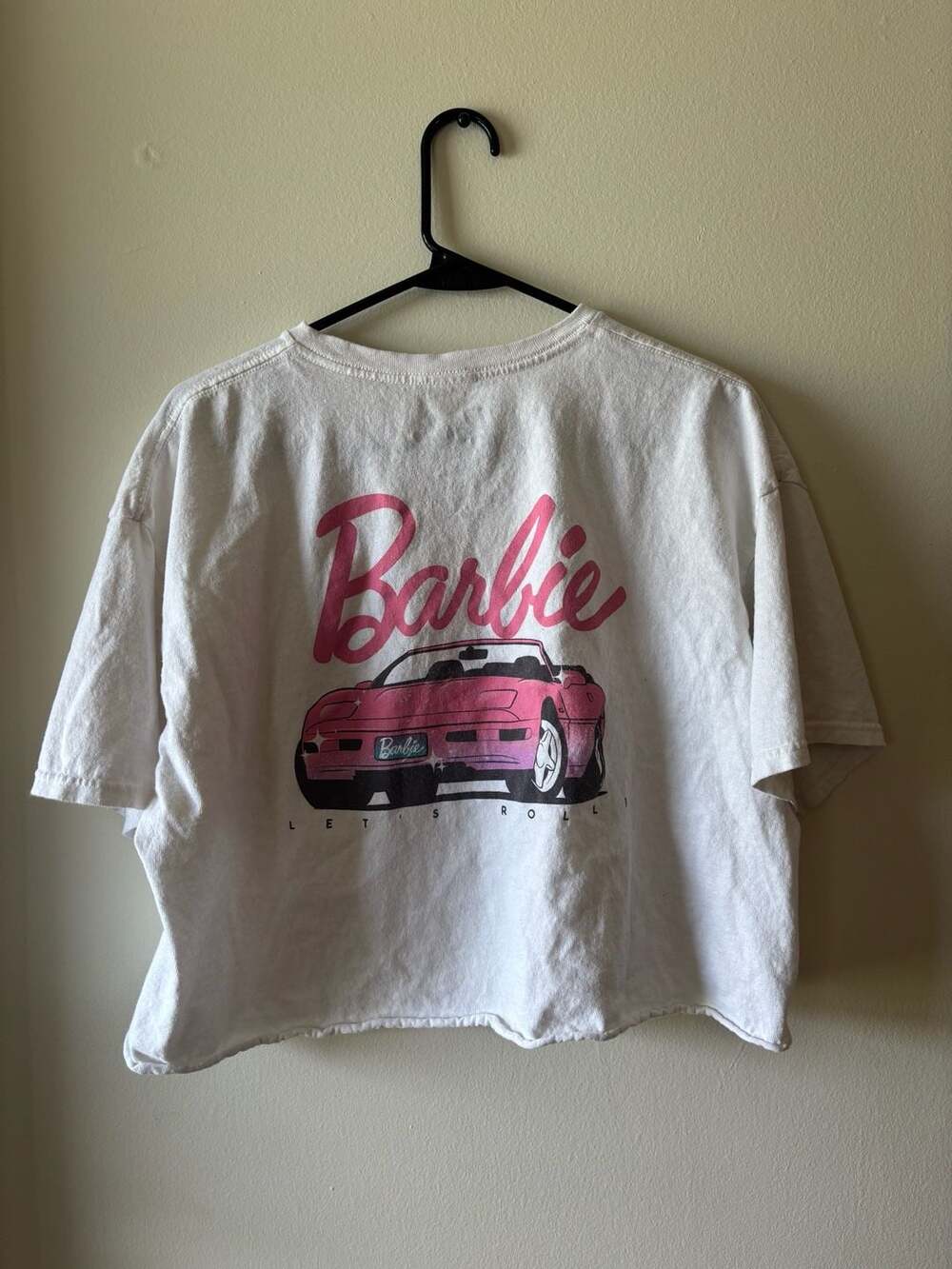 Barbie "Let's Roll" Graphic Crop T-Shirt White Pink Convertible Car